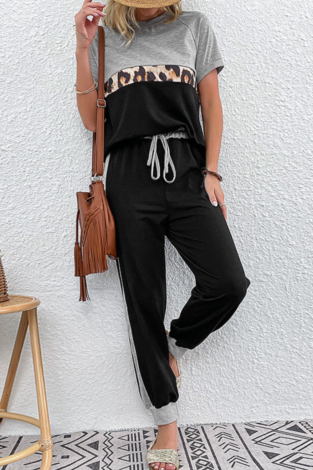 Perfee Short Sleeve Top and Drawstring Pants Set